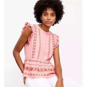 NWT LOFT Floral Embroidered Peplum Sleeveless Blouse, Strawberry Slush, Size XXL